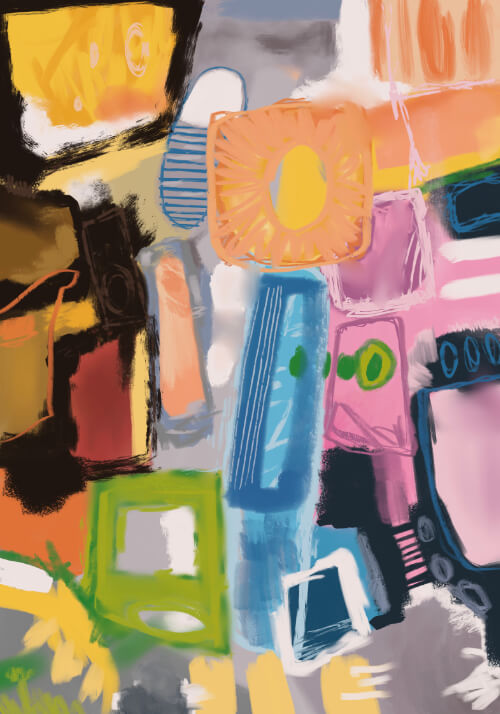 Abstract digital artwork with colorful overlapping shapes, soft textures, and bold sketchy lines in pink, blue, orange, yellow, and black