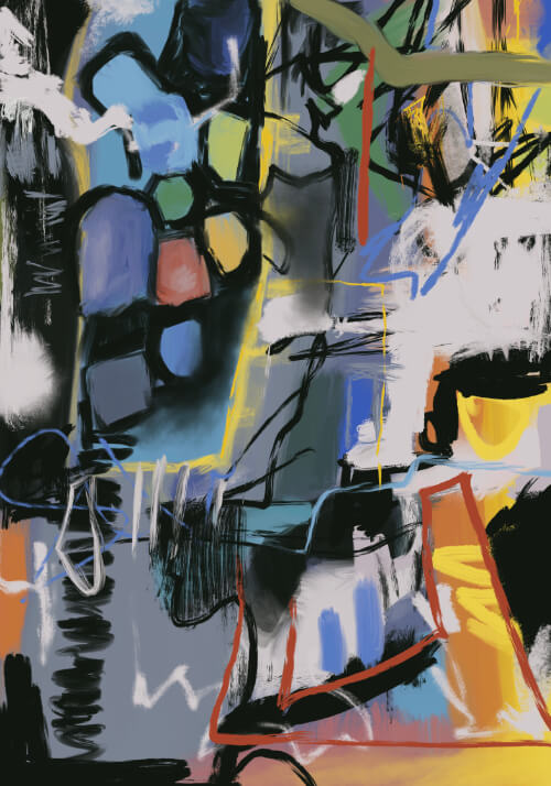 Abstract digital painting with black gestural lines, layered blue, yellow, grey, and white shapes, suggesting collision and motion