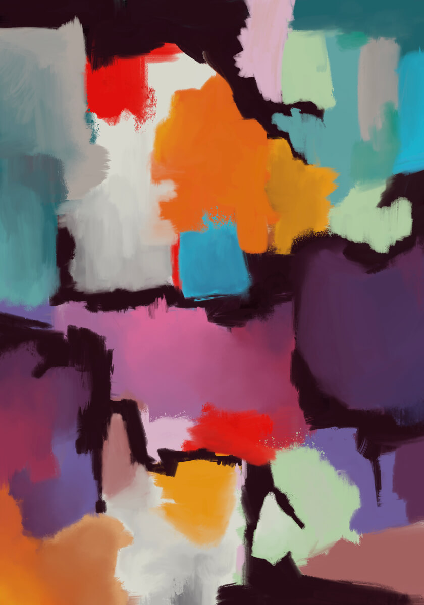 Abstract digital painting composed of overlapping soft-edged color blocks in orange, red, turquoise, mint, violet, black, and white, creating tension and rhythm.
