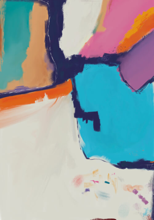 Abstract digital artwork with turquoise, pink, orange, violet, and cream color blocks separated by dark expressive lines.