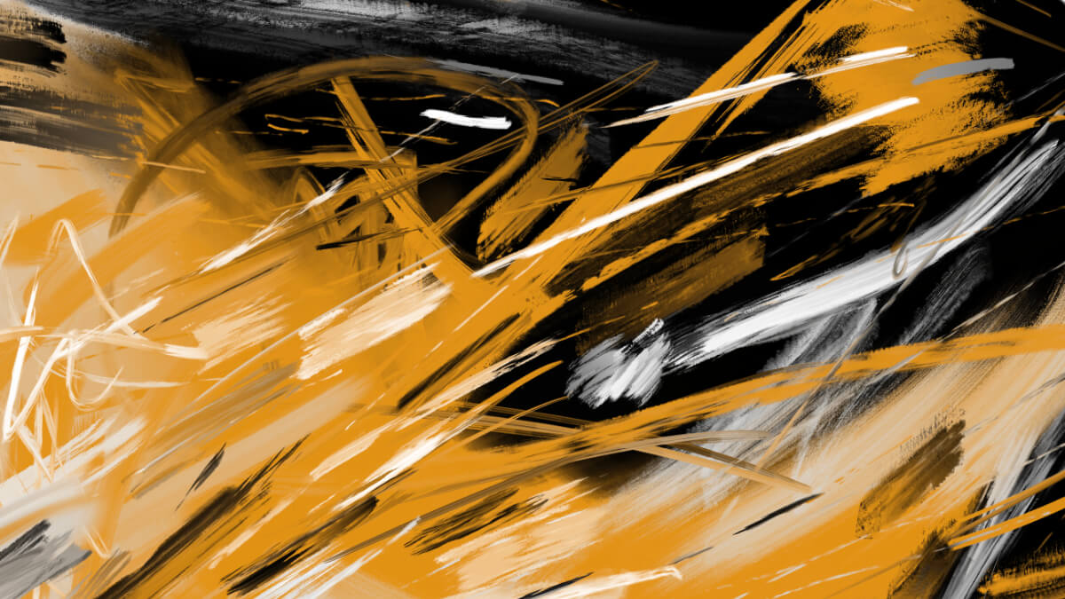 Abstract digital artwork with bold black, white, and ochre brushstrokes crossing diagonally in a chaotic, energetic composition