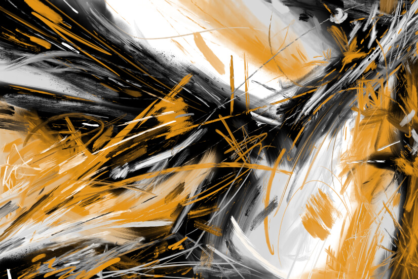 Expressive abstract digital painting with sweeping black and white strokes, layered ochre marks, and scribbled lines creating tension, motion, and rupture across the canvas