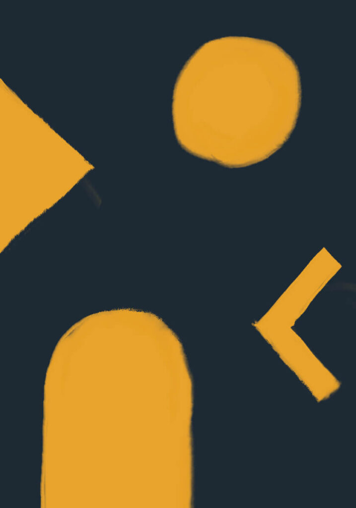Minimal abstract artwork featuring warm ochre geometric forms on a deep dark background, with a circle, angular marks, and a rounded vertical shape.