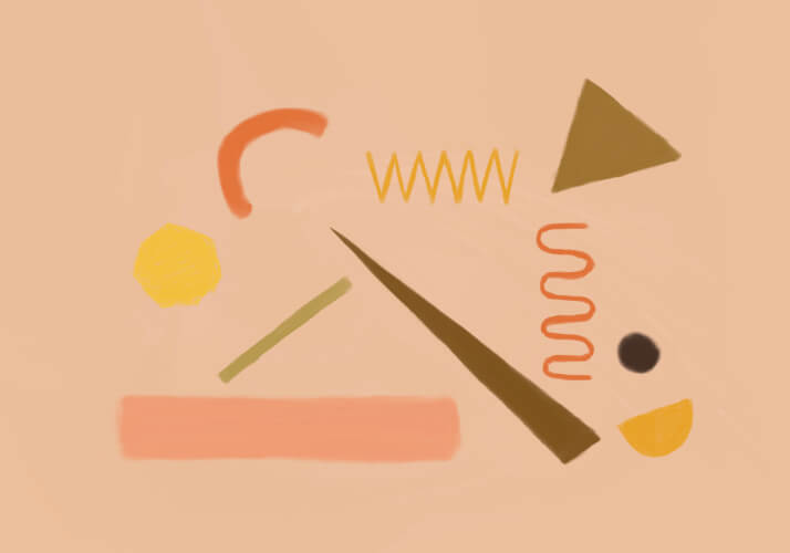Abstract artwork with soft geometric shapes, lines, and symbols in warm peach, yellow, orange, and brown tones.