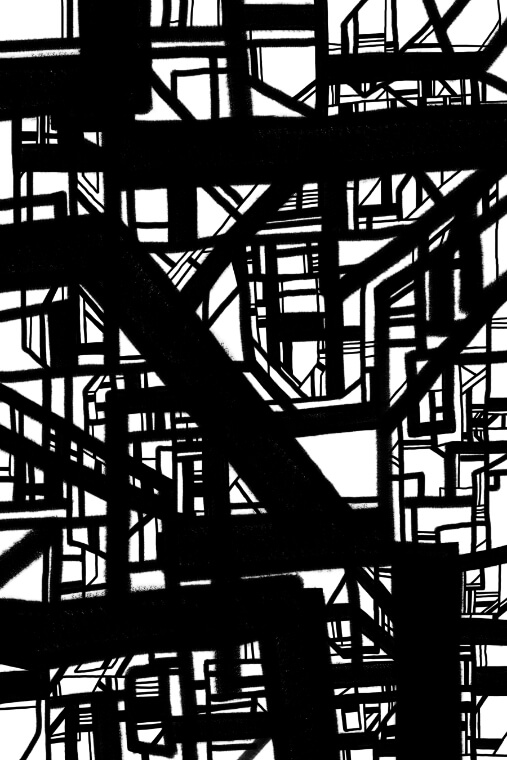 Detailed abstract artwork featuring layered black linework that resembles a neural network mapped as an urban blueprint, with structural paths, tension, and maze-like depth