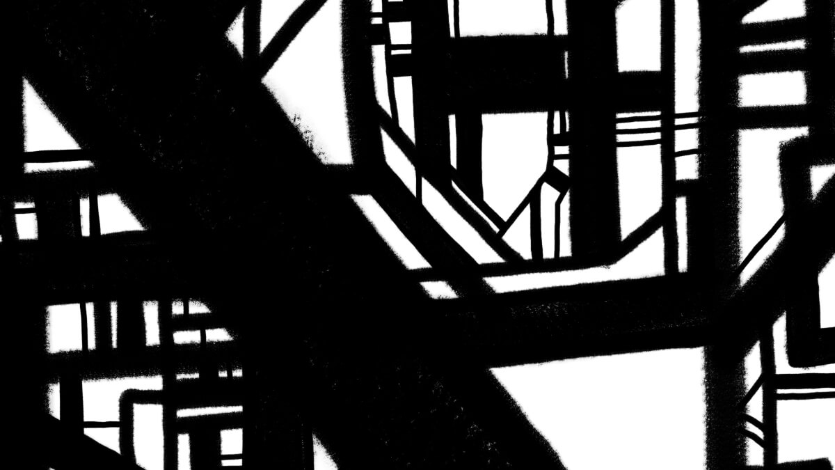 Abstract line artwork with dense black maze-like structures inspired by neural pathways and urban blueprint design.