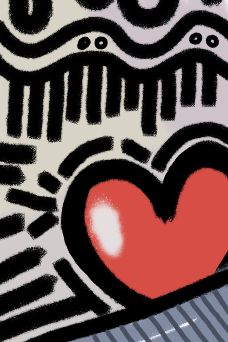 Abstract digital painting featuring thick black rhythmic marks, wavy graphic shapes, and a large glowing red heart, creating a bold pop-inspired composition full of heat and movement.