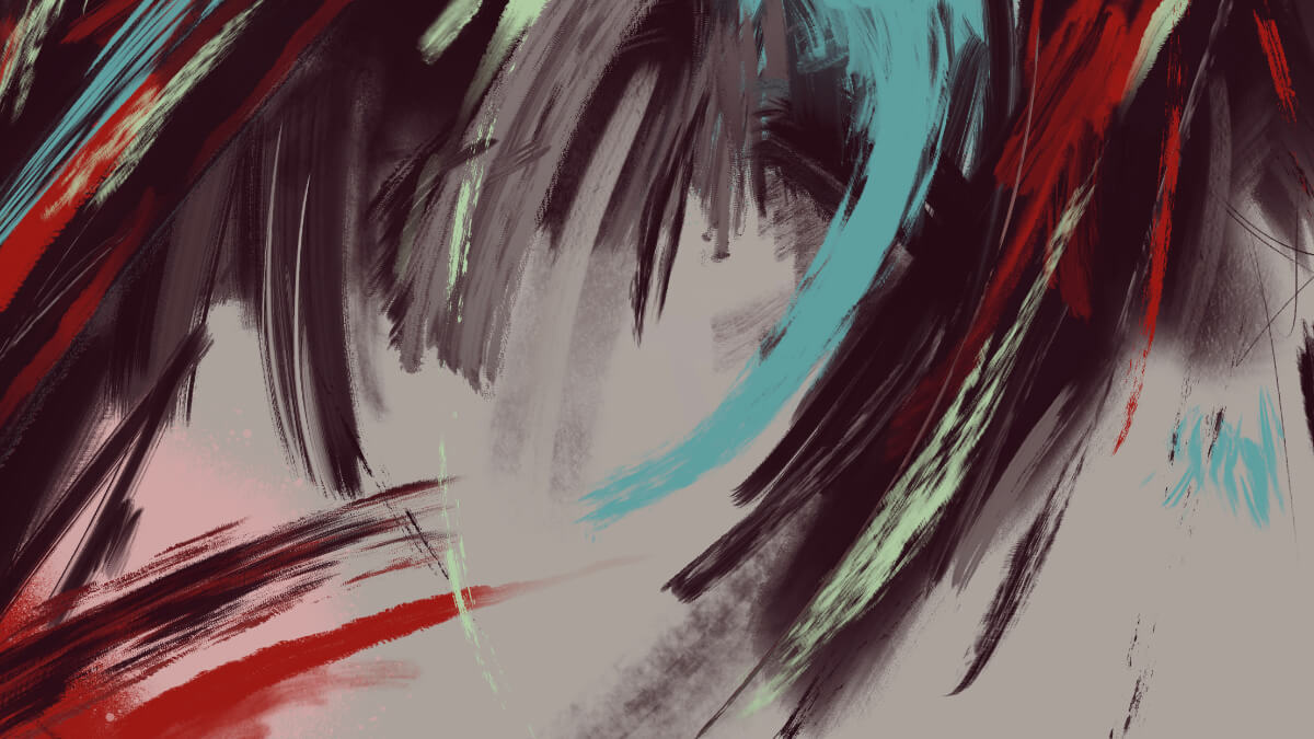 Abstract digital artwork with red, black, and turquoise expressive brushstrokes on a light background