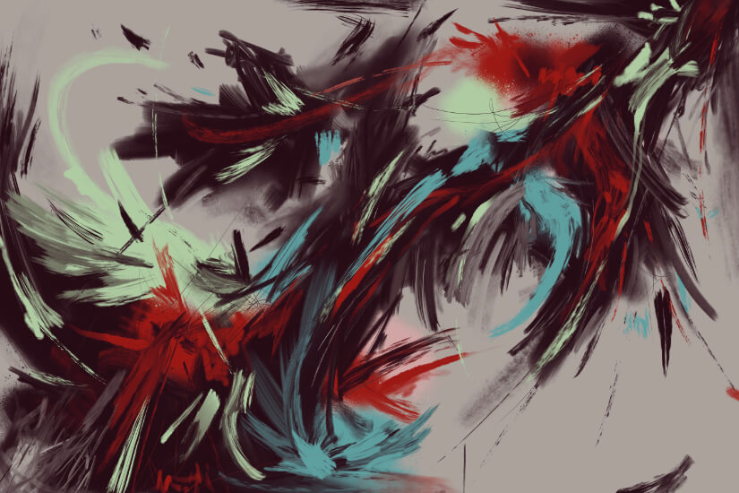 Abstract digital painting with sweeping red, black, and turquoise mark-making strokes, creating a dynamic sense of motion, tension, and fusion on a pale background