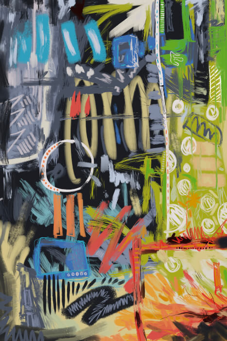 Abstract expressive artwork featuring a dark gray-black background filled with layered gestural marks, scribbles, and rough shapes in blue, lime green, beige, white, and orange-red, creating a messy and instinctive sense of movement and visual tension.
