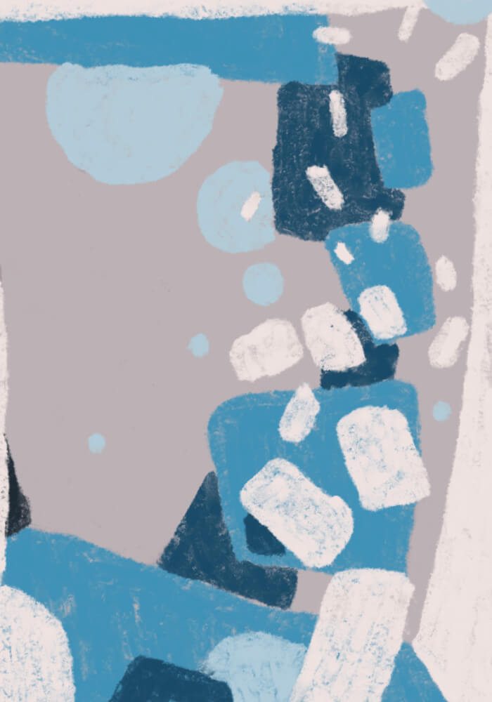 Abstract digital artwork featuring layered blue blocks, dark navy shapes, white textured strokes, and pale circles on a muted gray field.