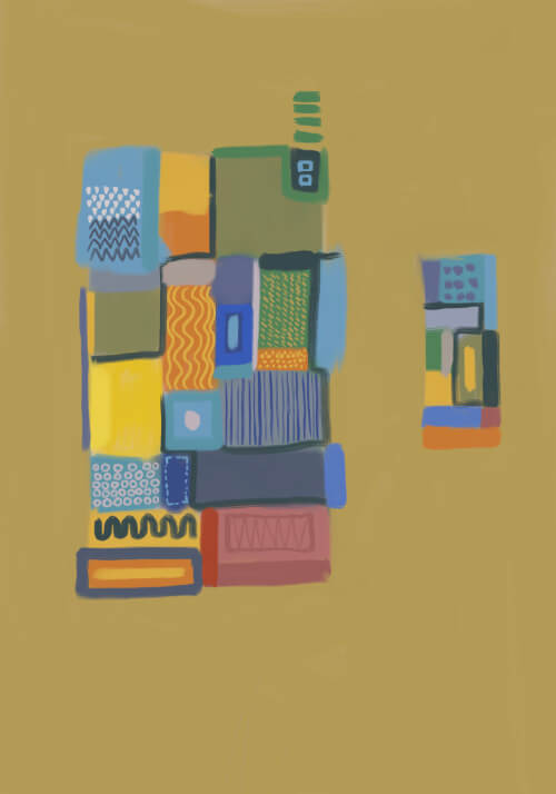 Abstract geometric artwork with colorful stacked blocks and patterns on a mustard background.