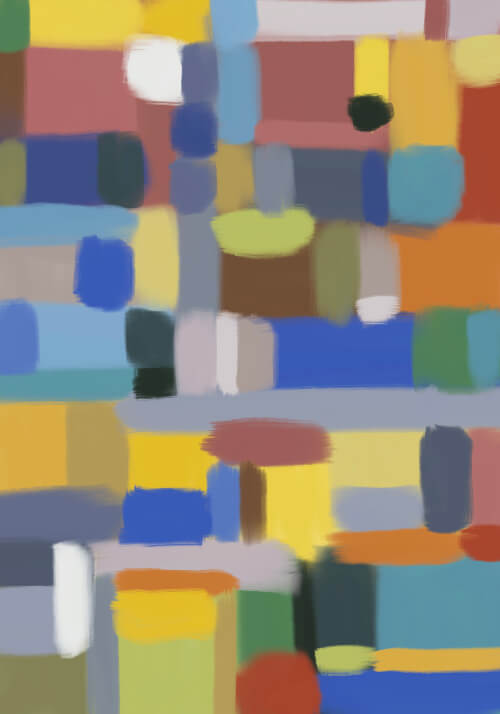 Abstract painting made of soft-edged colorful rectangular shapes arranged in a loose grid with balanced spacing.