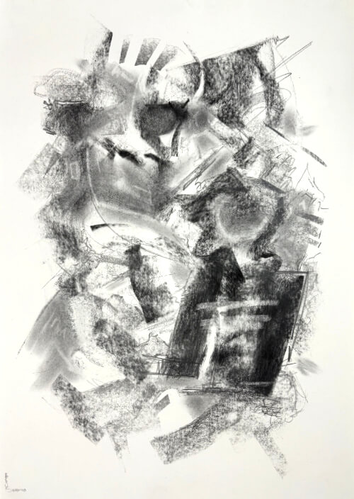 Abstract charcoal and graphite artwork with layered black and gray marks forming a dense, expressive composition on paper.