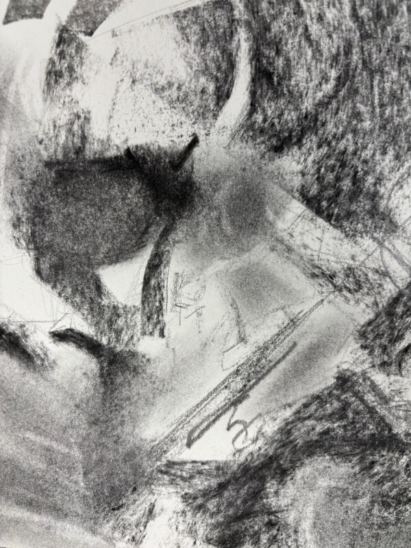 Close-up detail of an abstract charcoal and graphite artwork featuring dense black textures, soft blended grays, and dynamic intersecting marks on paper.