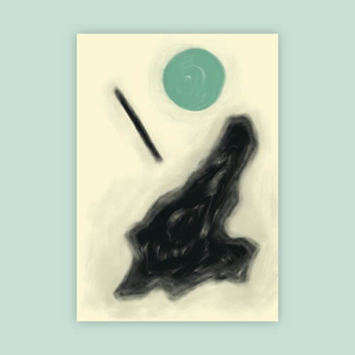 Abstract composition with a bold dark mass near the bottom right and a soft teal orb above on a warm neutral background.