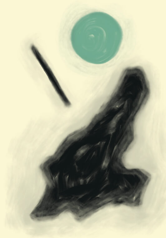 An abstract scene featuring a heavy textured black mass anchored bottom right, a diagonal slender black shape, and a softly diffused teal circle hovering above to balance weight and light.