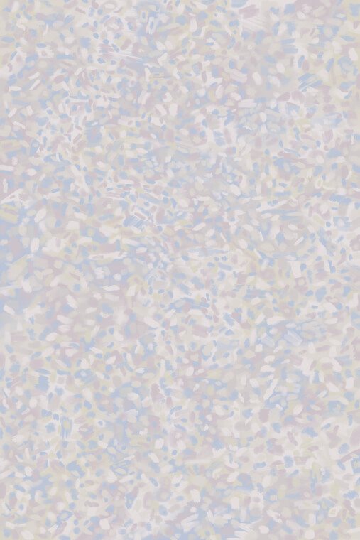 Digital painting titled "Quiet Confetti, Day 69" featuring an airy abstract field of pastel tones with delicate specks and dispersed shapes, symbolizing self-reflection, growth, and artistic exploration