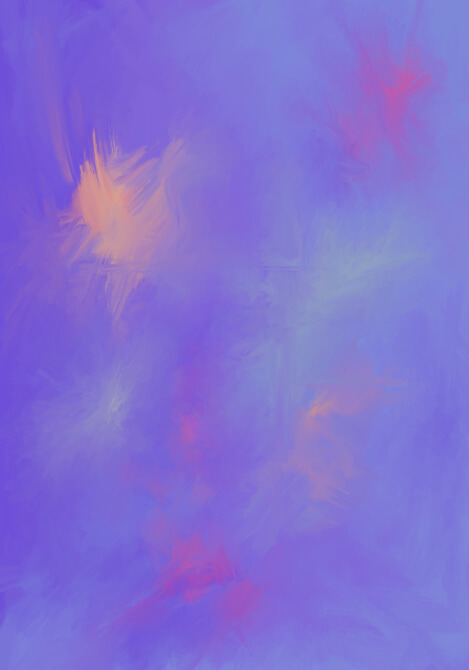 Abstract digital painting with a misty field of violet, blue, and lavender tones, layered with soft peach and pink glowing shapes that create an atmospheric, dreamlike sense of light and depth.