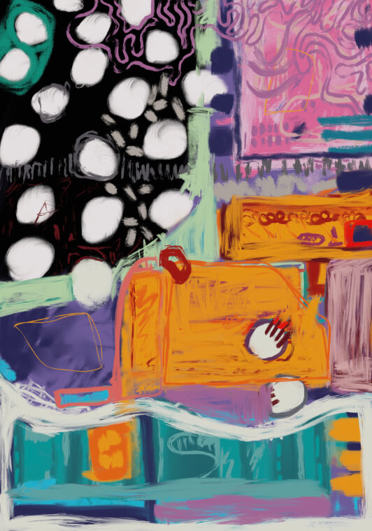 Residual, Day 77 by Severino Canepa, an abstract digital painting with layered orange, teal, pink, black, and white forms, gestural lines, and textured surfaces.