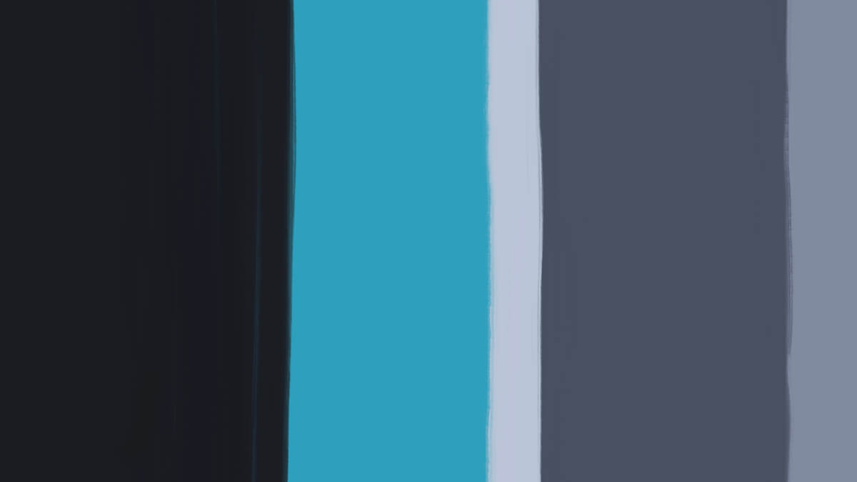 Minimalist abstract artwork with a dark vertical black shape concealing a blue rectangle on a muted grey background.