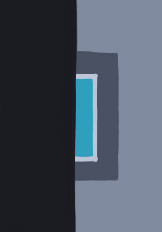 Minimalist abstract painting featuring a large dark black vertical form on the left, partially hiding layered grey, white, and blue rectangular shapes against a soft grey-lavender background.
