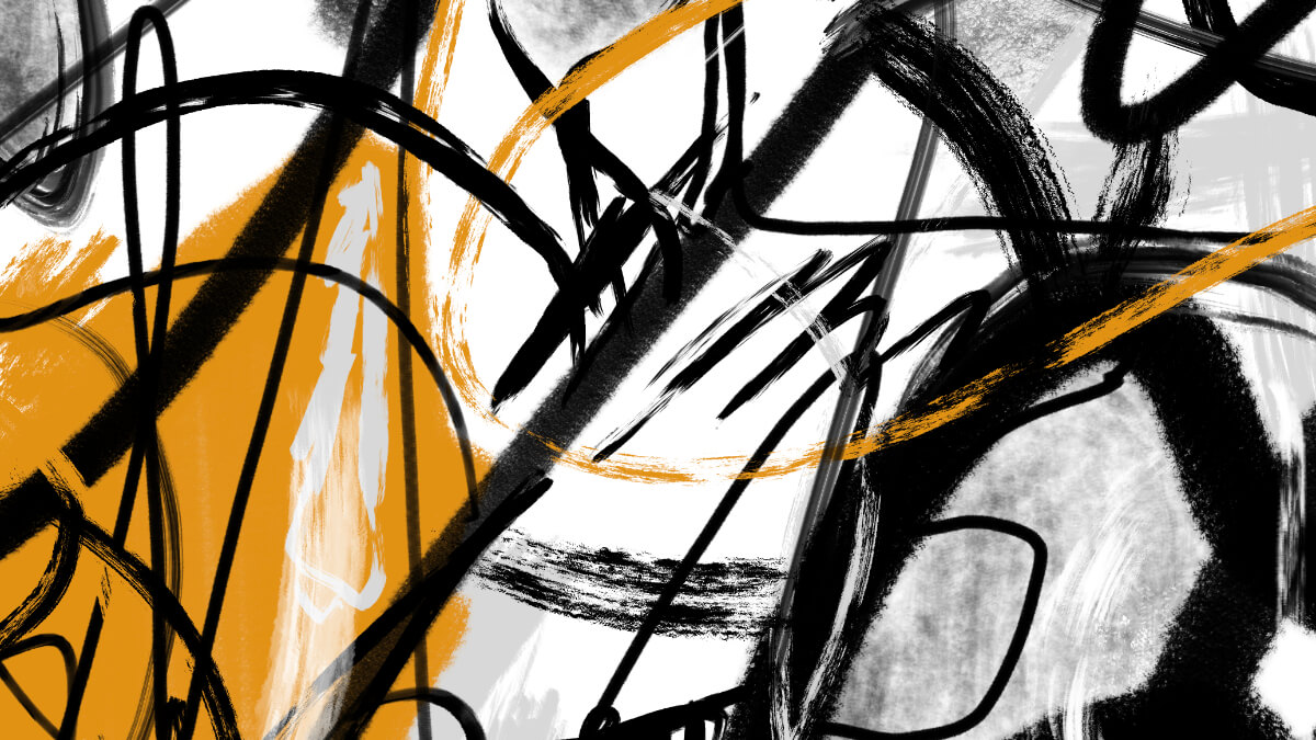 Static Paths abstract digital artwork with bold black linework, grey textures, and warm yellow accents in a dense expressive composition