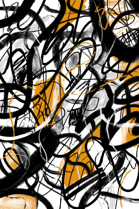 Abstract digital artwork featuring thick black gestural lines, layered grey textures, and warm yellow shapes creating movement, contrast, and visual tension