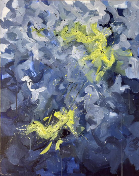 Abstract blue painting with neon yellow bursts, sweeping brushstrokes, and storm-like movement.