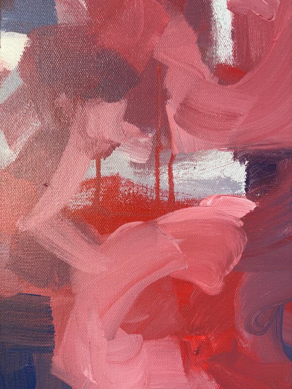 Close-up of an abstract painting with layered pink, red, and mauve brushstrokes, visible canvas texture, and thin red drips.