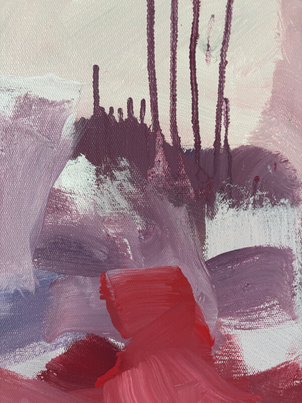 Detail of an abstract expressionist painting with pale lavender, white, and red brushstrokes, dark purple drips, and textured canvas.