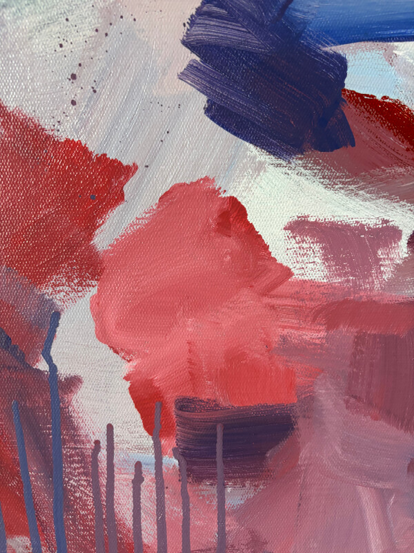 Close-up abstract painting detail with coral red, pink, white, and deep blue brushstrokes, plus visible drips on canvas.