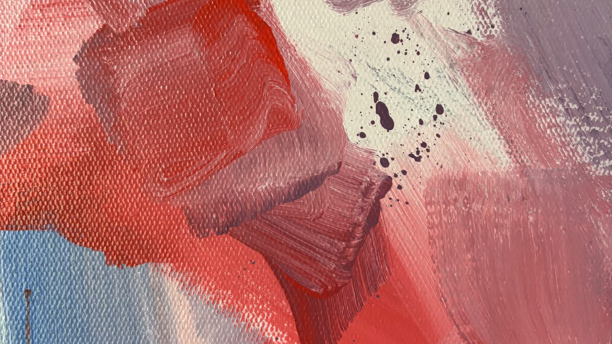 Gestural abstract expressionist painting with layered red, pink, violet-grey, and blue brushstrokes in a loose, energetic composition.