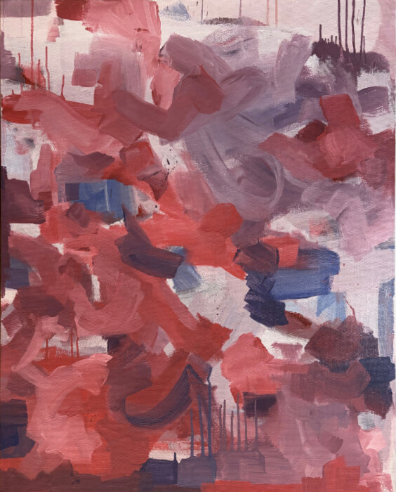 Contemporary abstract expressionist painting featuring bold gestural brushwork, layered warm reds and pinks, muted violet-grey tones, blue accents, and visible drips.
