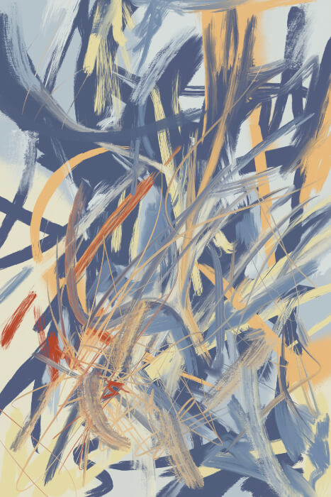 Abstract digital painting composed of energetic blue, beige, and orange marks, with sweeping strokes, sharp lines, and tangled gestures suggesting an unstable architectural structure in motion.