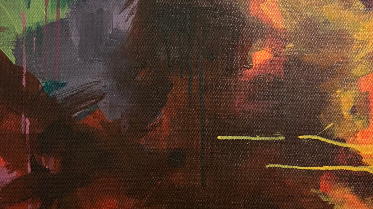 Vernal abstract painting with dark layered brushwork, warm orange glow, and moody spring-inspired textures