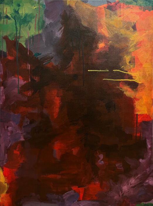 Vernal, an abstract expressionist painting with deep earthy tones, dark central forms, and warm orange and green accents evoking the transition from winter to spring