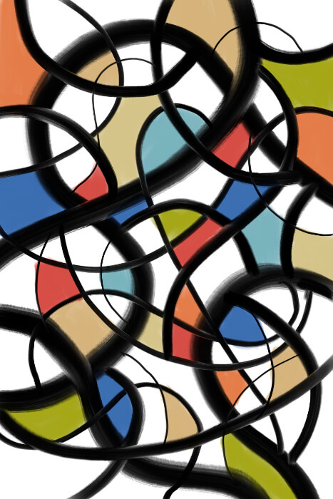 Wayward Loop, an abstract digital artwork featuring intertwined black ribbon-like lines over bold curved shapes in blue, red, beige, orange, and green.
