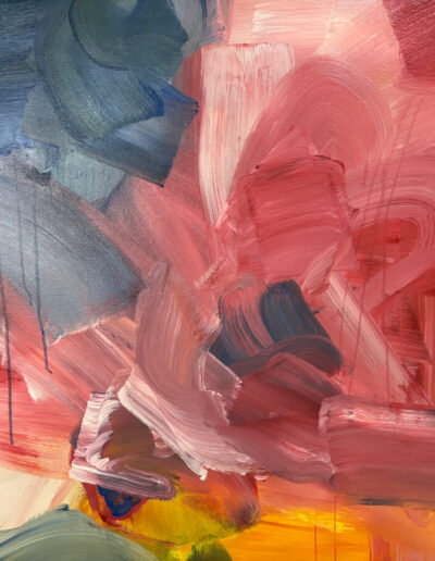 Abstract acrylic painting detail with blue-gray blocks and drips over soft pink-red brushstrokes and a warm yellow glow.