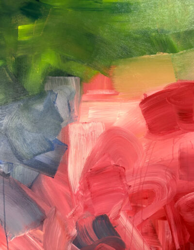 Abstract canvas close-up with deep green brushwork above layered pink and red strokes, contrasted by blue-gray paint and subtle drips.