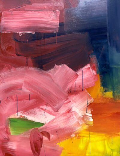 Abstract painting detail showing sweeping pink strokes beside deep navy blocks, neon yellow-green accents, and warm orange-red layers.