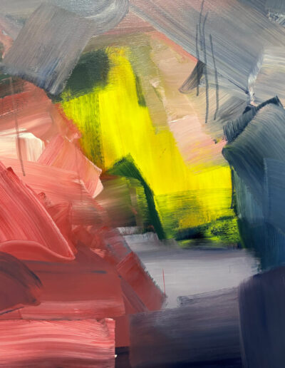 Abstract acrylic detail with a neon yellow vertical mark framed by slate gray and deep blue strokes, with red-pink paint at left.