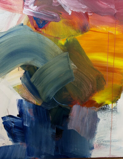 Large abstract canvas featuring layered, gestural pink and red strokes across the center, glowing yellow-orange passages below, and contrasting greens, blues, and violets around the edges, with visible texture and thin drips.