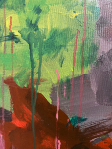 Detail of Vernal abstract painting showing green layered brushwork, vertical paint drips, and deep red-brown forms with expressive texture