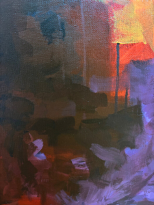 Detail of Vernal abstract painting with deep shadowy layers, violet accents, and warm red-orange areas creating a rich expressive surface