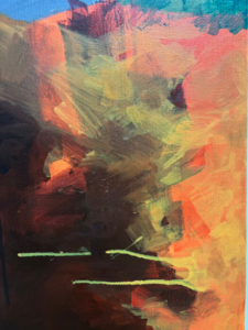 Close-up detail of Vernal abstract painting featuring glowing orange and yellow tones, textured brushwork, and vivid contrasts with dark forms