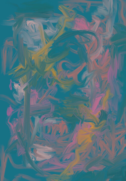 Abstract digital artwork with teal background, pink and yellow gestural marks, and a ghostlike central form.