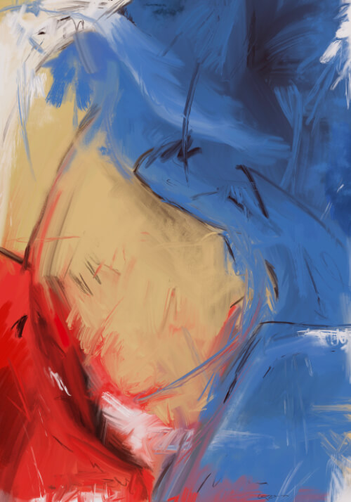 Abstract expressionist painting with deep blue, beige, and vivid red areas, featuring energetic brushstrokes and fractured movement.