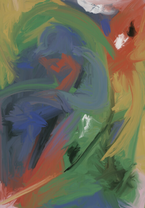 Abstract digital painting with sweeping green and blue brushstrokes, warm orange accents, and a layered expressive composition.