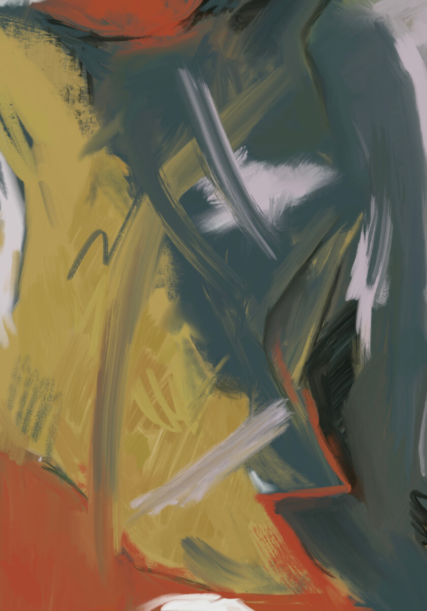 Vertical abstract digital artwork featuring deep gray-green sweeping brushstrokes over an ochre and rust background, with white and pale diagonal marks creating tension and movement.